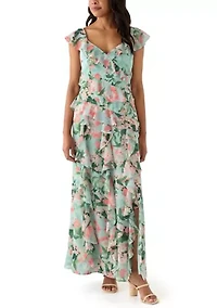 Women's V-Neck Floral Printed Chiffon Gown