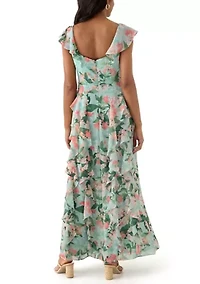 Women's V-Neck Floral Printed Chiffon Gown
