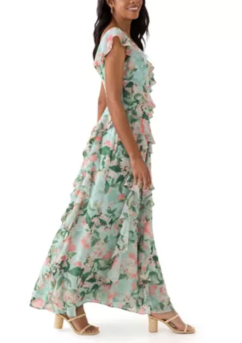 Women's V-Neck Floral Printed Chiffon Gown