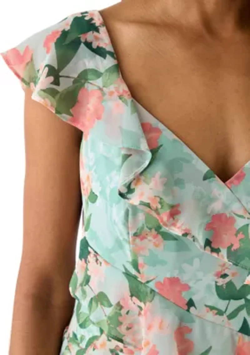 Women's V-Neck Floral Printed Chiffon Gown