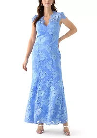 Women's Short Sleeve V-Neck Lace Appliqué Gown