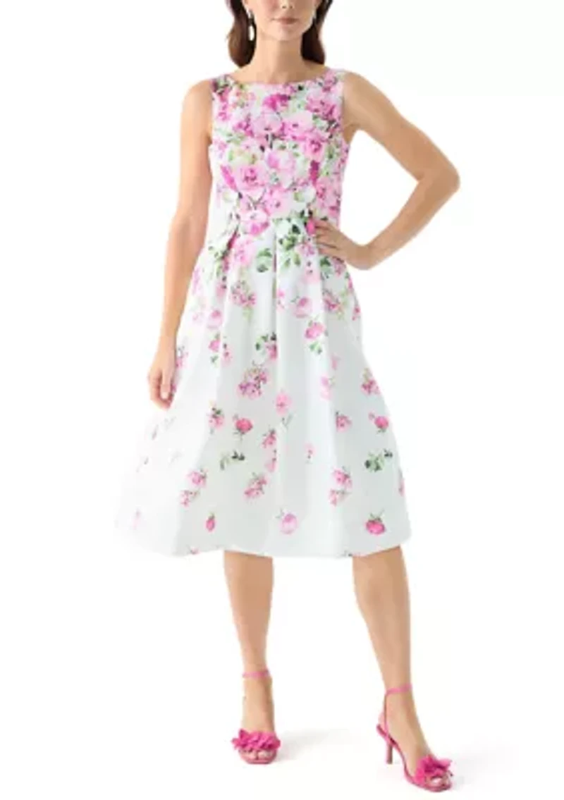 Women's Sleeveless Crew Neck Floral Print Scuba Fit and Flare Dress