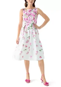 Women's Sleeveless Crew Neck Floral Print Scuba Fit and Flare Dress