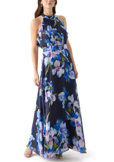 Women's Sleeveless Halter Neck Floral Print Gown