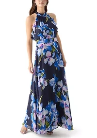 Women's Sleeveless Halter Neck Floral Print Gown