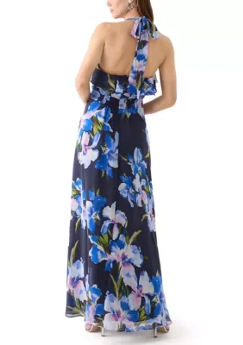 Women's Sleeveless Halter Neck Floral Print Gown