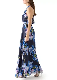 Women's Sleeveless Halter Neck Floral Print Gown
