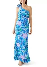 Women's Sleeveless Asymmetrical Floral Print Scuba Gown
