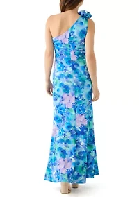 Women's Sleeveless Asymmetrical Floral Print Scuba Gown