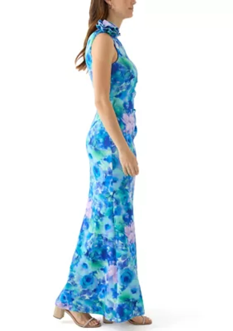 Women's Sleeveless Asymmetrical Floral Print Scuba Gown
