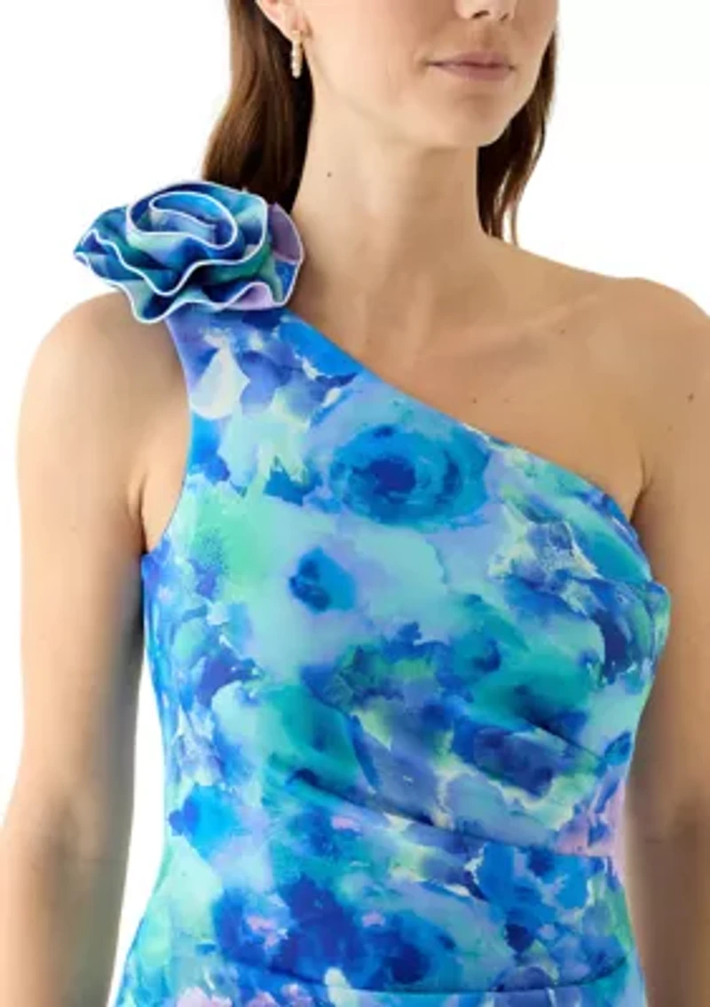 Women's Sleeveless Asymmetrical Floral Print Scuba Gown