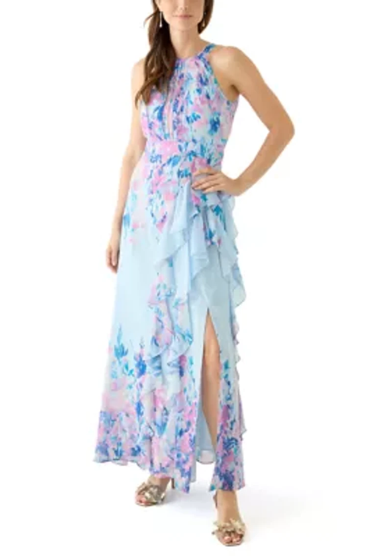 Women's Sleeveless Halter Neck Floral Print Chiffon Gown
