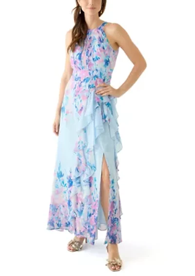 Women's Sleeveless Halter Neck Floral Print Chiffon Gown