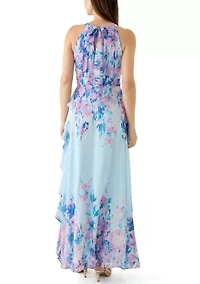Women's Sleeveless Halter Neck Floral Print Chiffon Gown