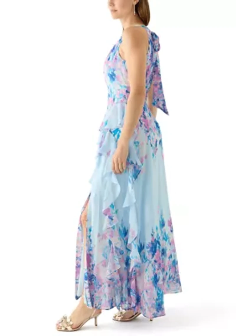 Women's Sleeveless Halter Neck Floral Print Chiffon Gown
