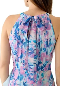 Women's Sleeveless Halter Neck Floral Print Chiffon Gown