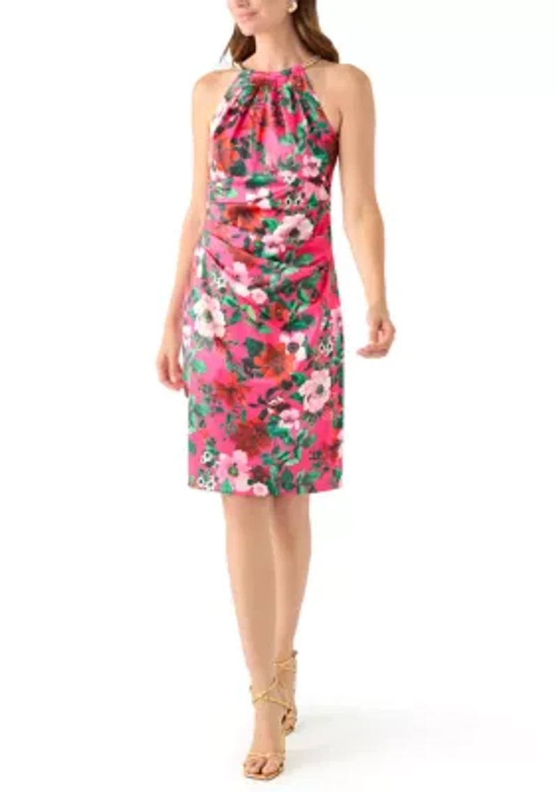 Women's Sleeveless Halter Neck Floral Print Sheath