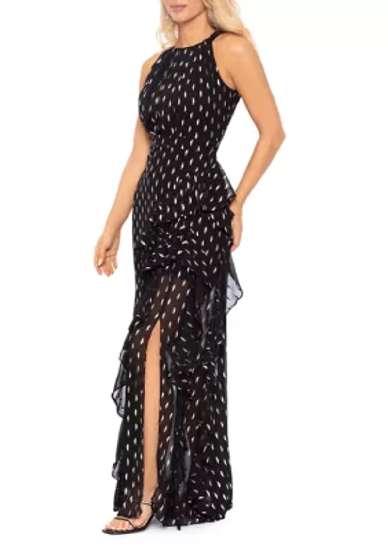 Women's Halter Neck Chiffon Foil Ruffle Tie Gown