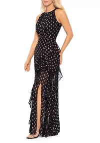 Women's Halter Neck Chiffon Foil Ruffle Tie Gown