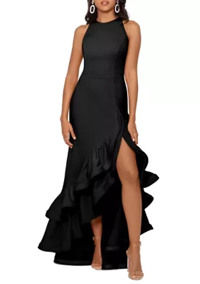 Women's Halter Neck Ruffle Tier Scuba Crepe Gown