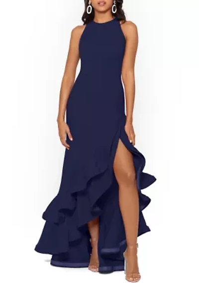 Women's Halter Neck Ruffle Tier Scuba Crepe Gown