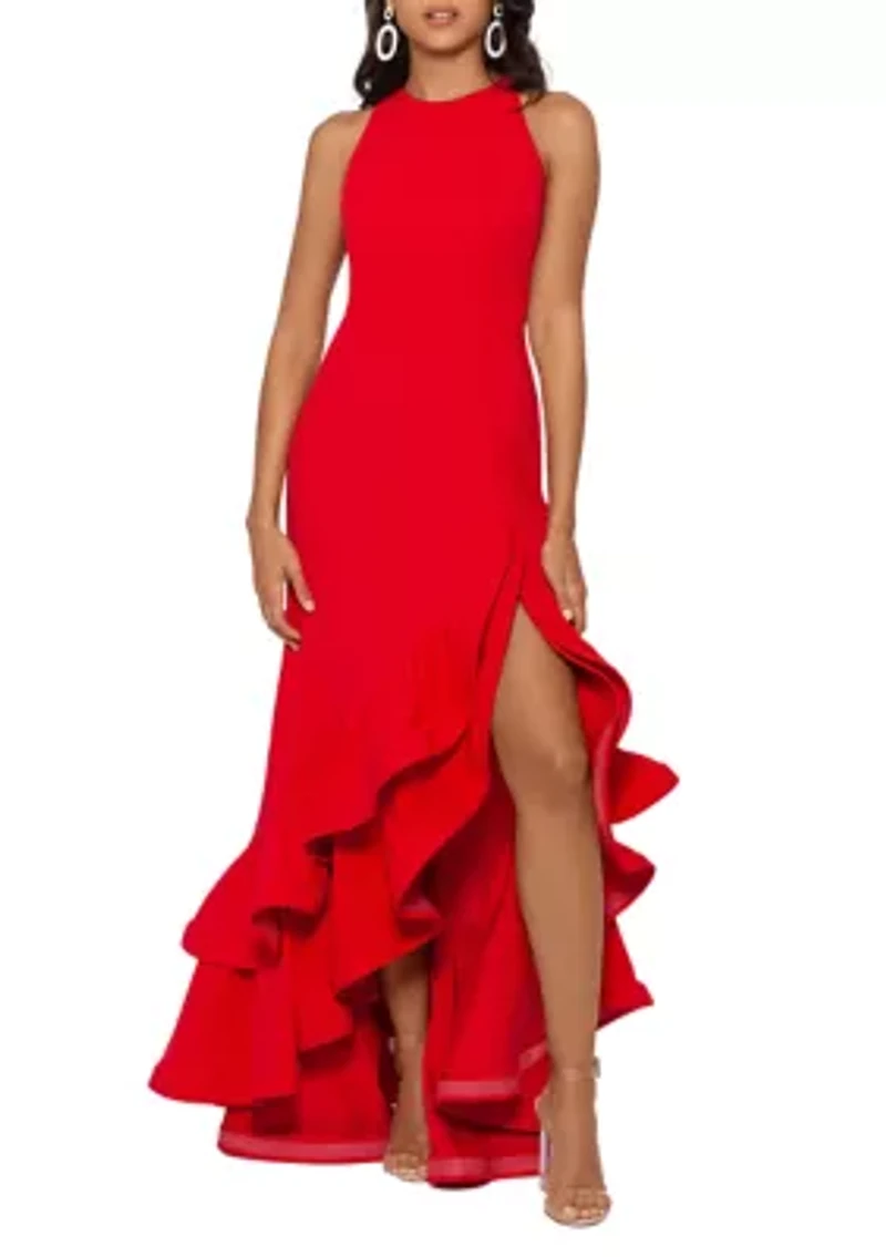 Women's Halter Neck Ruffle Tier Scuba Crepe Gown