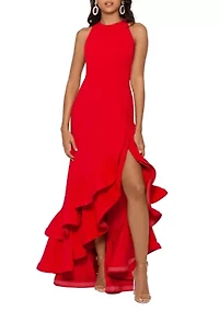 Women's Halter Neck Ruffle Tier Scuba Crepe Gown