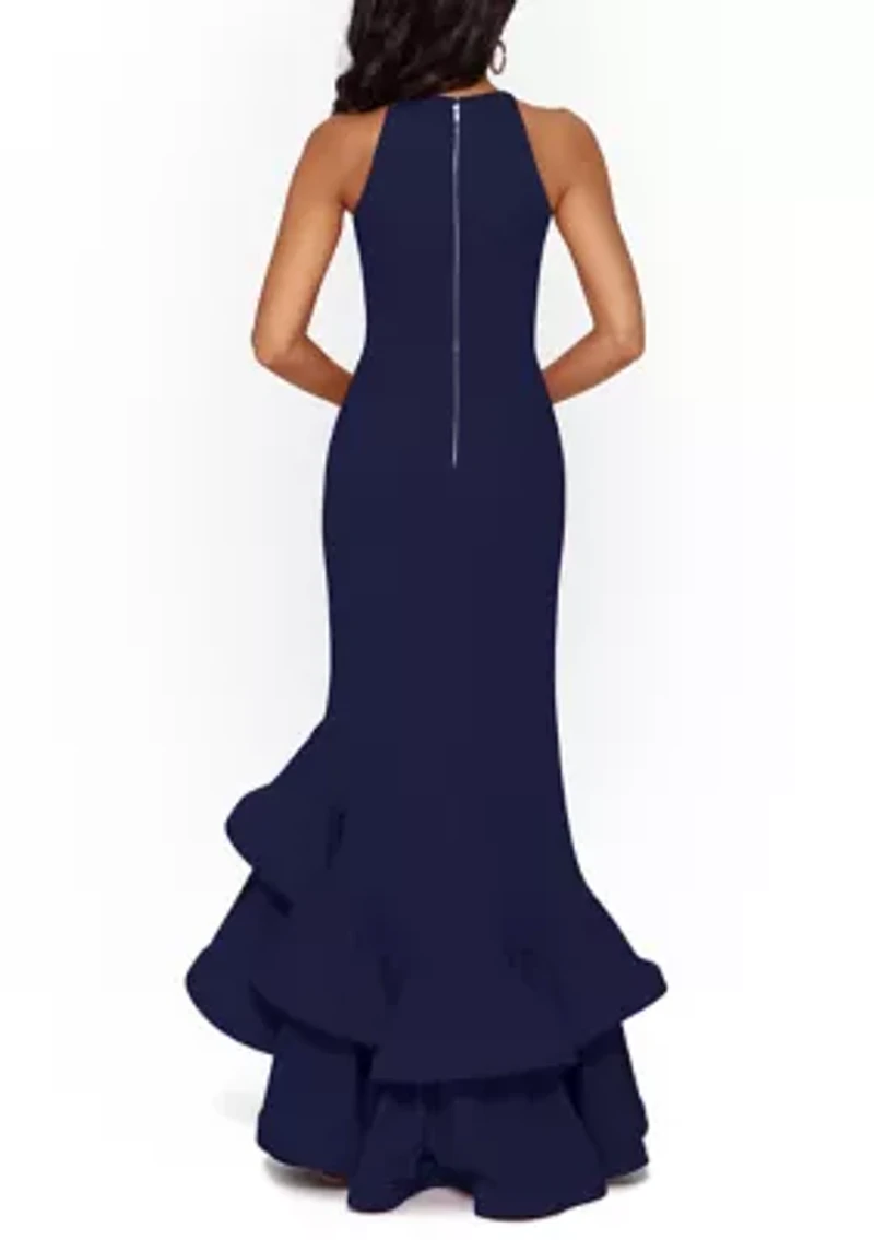 Women's Halter Neck Ruffle Tier Scuba Crepe Gown