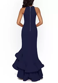 Women's Halter Neck Ruffle Tier Scuba Crepe Gown