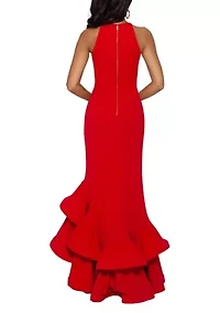 Women's Halter Neck Ruffle Tier Scuba Crepe Gown