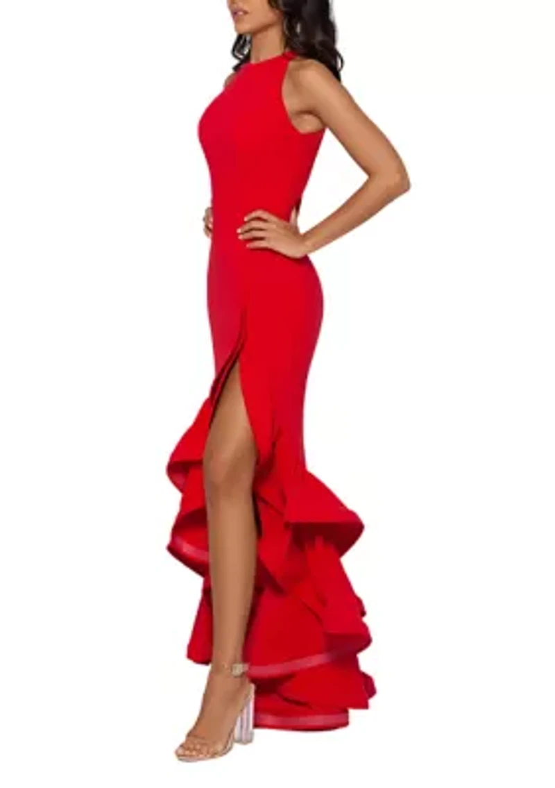 Women's Halter Neck Ruffle Tier Scuba Crepe Gown