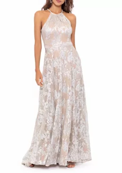 Women's Sleeveless Halter Foil Print Chiffon Gown