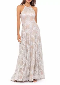 Women's Sleeveless Halter Foil Print Chiffon Gown