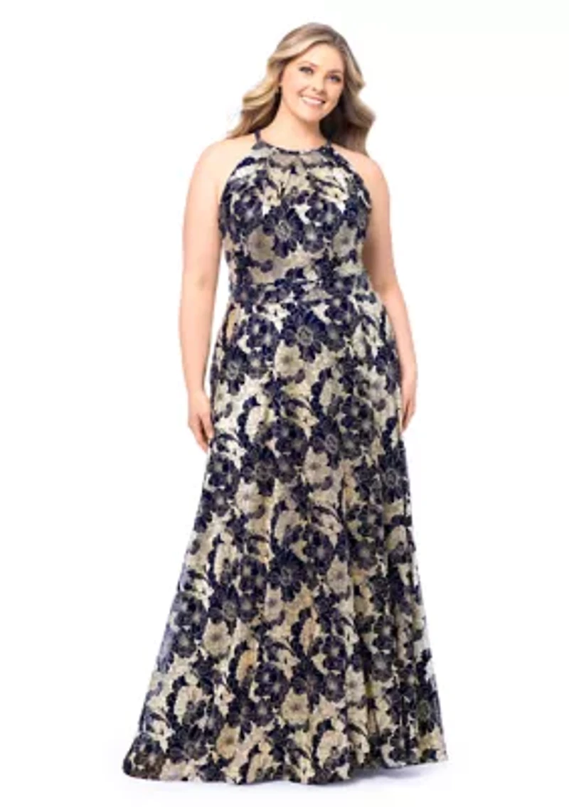 Plus Long Halter Wrap Foil Print Maxi Dress