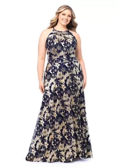Plus Long Halter Wrap Foil Print Maxi Dress