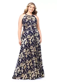 Plus Long Halter Wrap Foil Print Maxi Dress