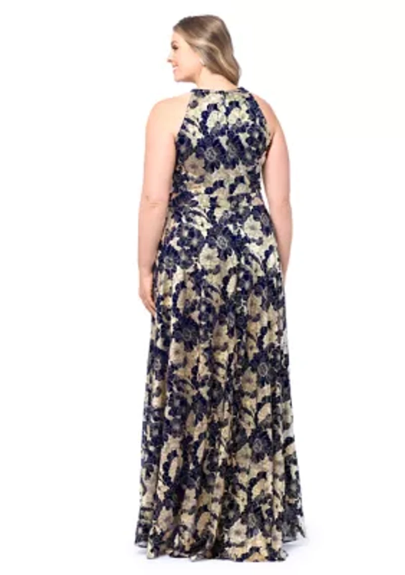 Plus Long Halter Wrap Foil Print Maxi Dress