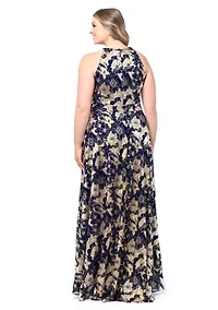 Plus Long Halter Wrap Foil Print Maxi Dress