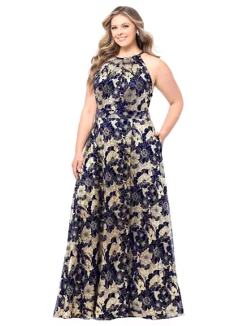 Plus Long Halter Wrap Foil Print Maxi Dress