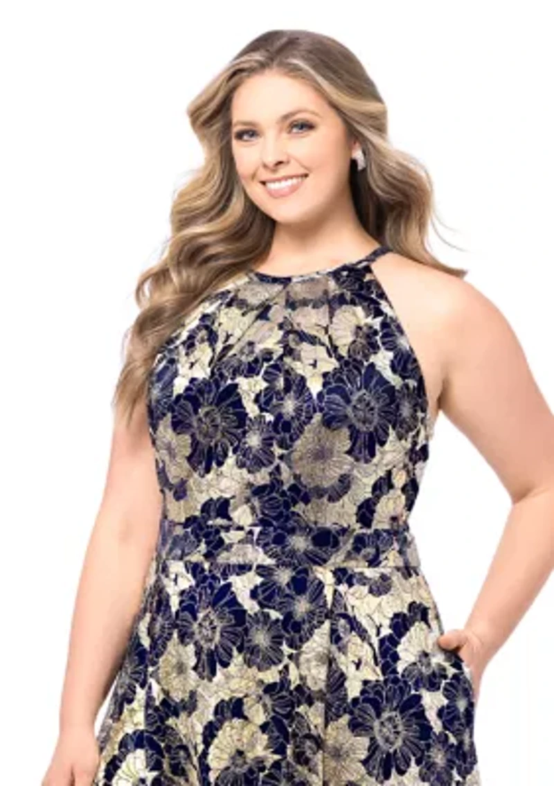 Plus Long Halter Wrap Foil Print Maxi Dress