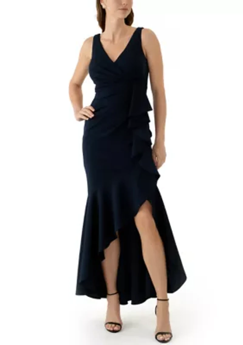 Women's Sleeveless V-Neck Side Ruffle Gown