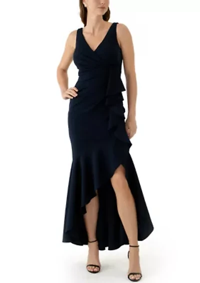 Women's Sleeveless V-Neck Side Ruffle Gown