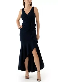 Women's Sleeveless V-Neck Side Ruffle Gown