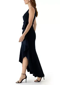 Women's Sleeveless V-Neck Side Ruffle Gown