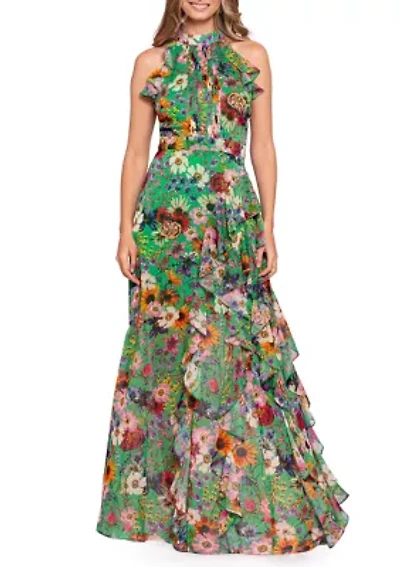Women's Sleeveless Floral Halter Neck Gown