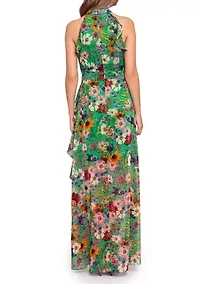 Women's Sleeveless Floral Halter Neck Gown
