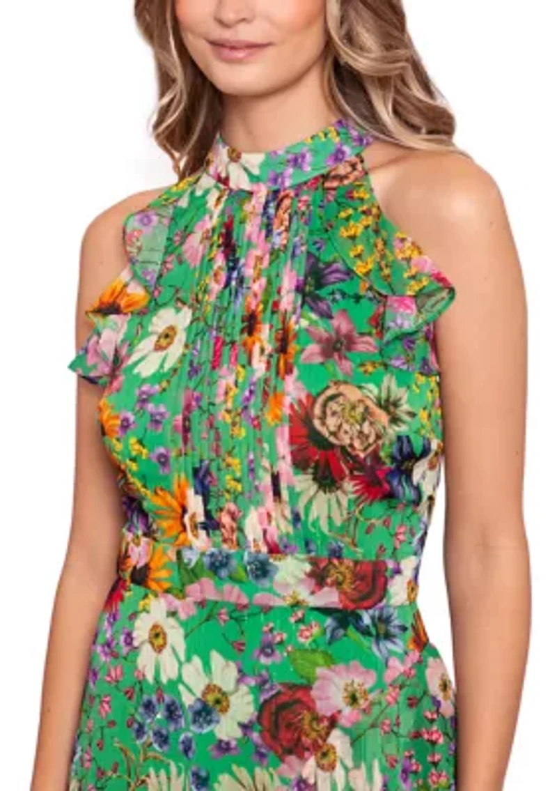 Women's Sleeveless Floral Halter Neck Gown
