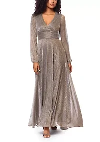 Women's Long Sleeve V-Neck Metallic Knit Gown