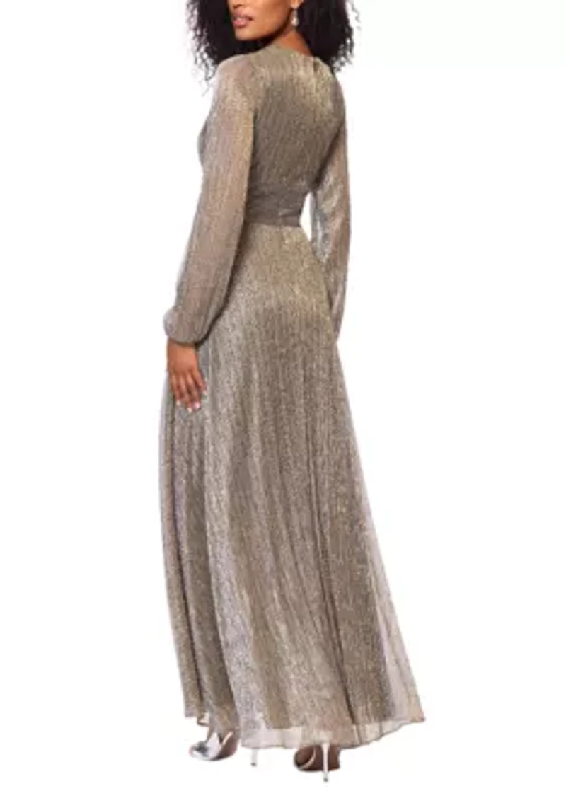 Women's Long Sleeve V-Neck Metallic Knit Gown