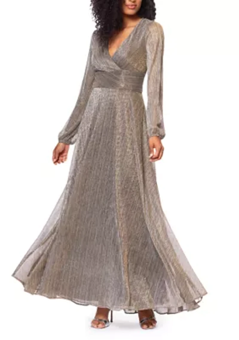 Women's Long Sleeve V-Neck Metallic Knit Gown